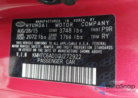 2016 Hyundai Veloster из США, поврежденный, VIN KMHTC6AD1GU272922